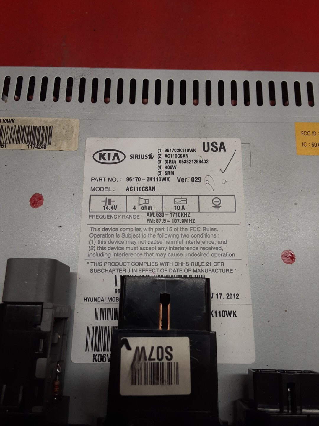 2013 Kia Soul Radio Assembly Display AM/FM/CD/SAT 96170-2K110WK