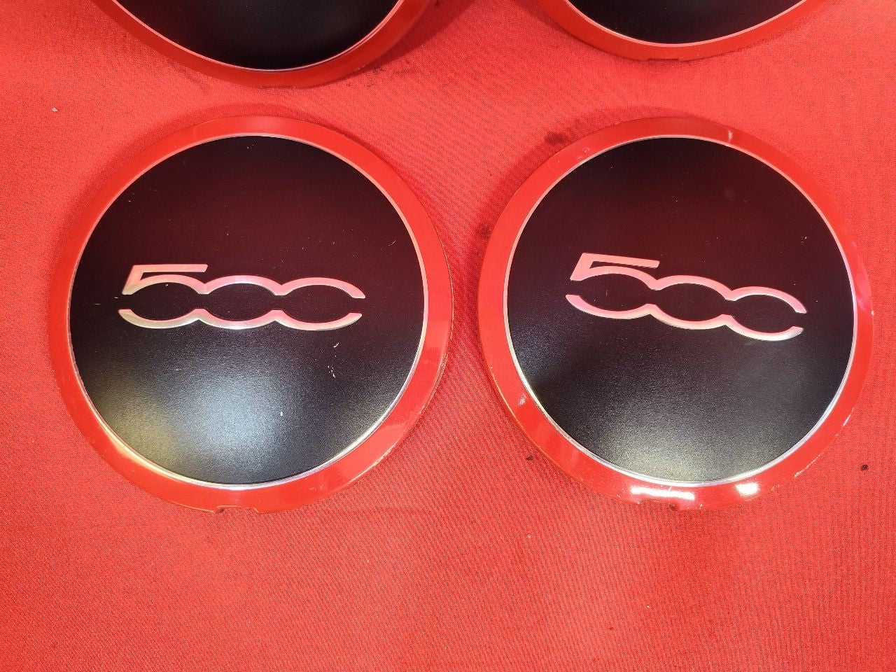 2012-2019 Fiat 500 Sport Wheel Hub Center Cap Cover Set w/ RED TRIM RINGS
