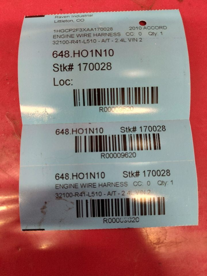 2010-2012 Honda Accord 2.4L ULEV II Emissions Engine Block to RH Wiring Harness