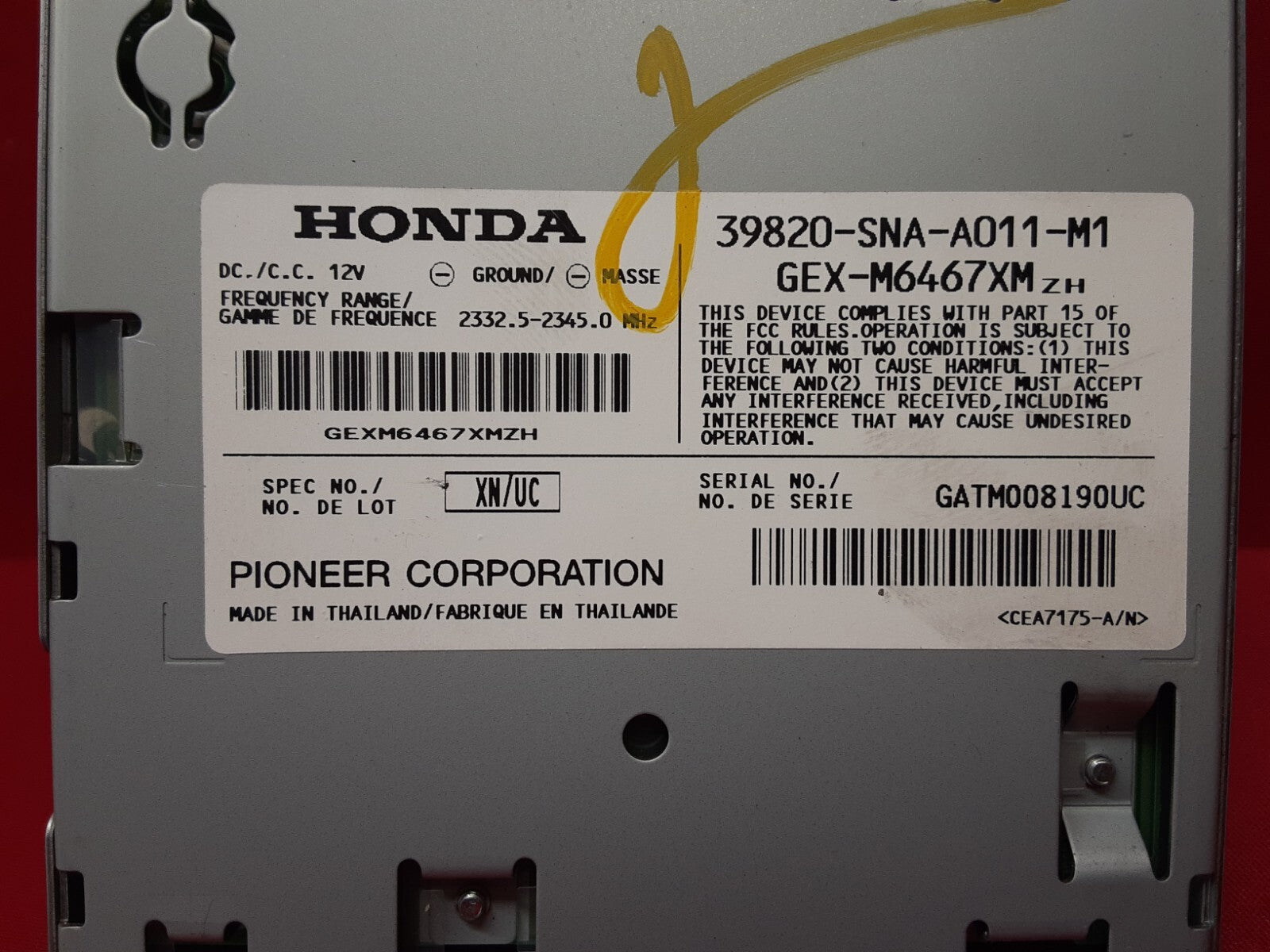 2007 - 2008 Honda Civic Hybrid XM SATELLITE RECEIVER - 39820-SNA-A011-M1
