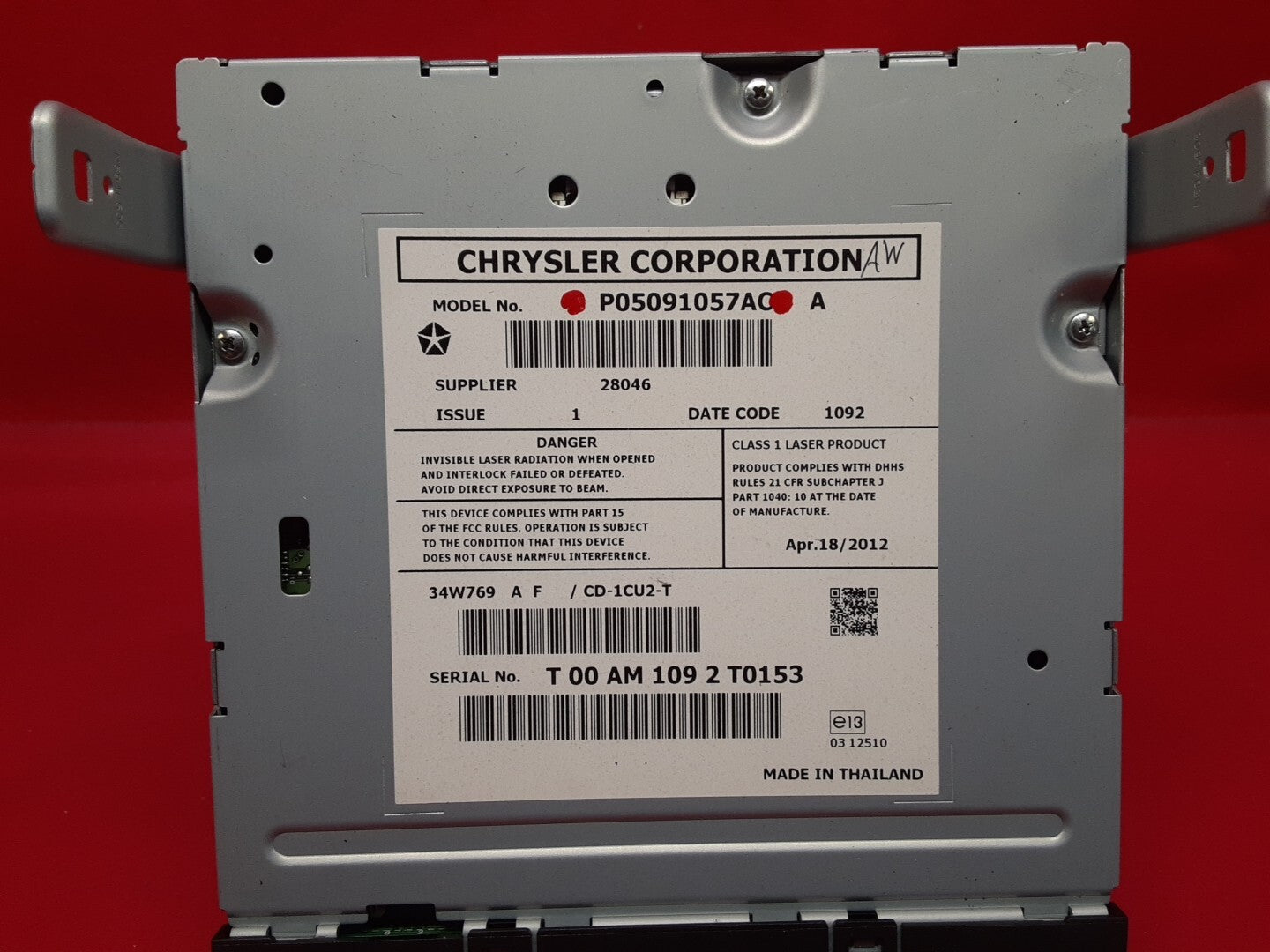 2013-2016 Dodge Dart Single Compact Disc CD / DVD Player Unit
