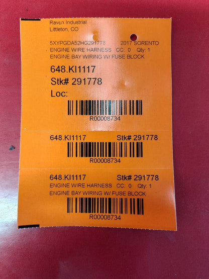 2017 2018 Kia Sorento 3.3L V6 Lambda II AWD Engine Bay Wiring Harness 81k Miles