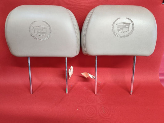 2002 2003 Cadillac Escalade FRONT Headrest SET Shale Pewter Leather w/ Emblems