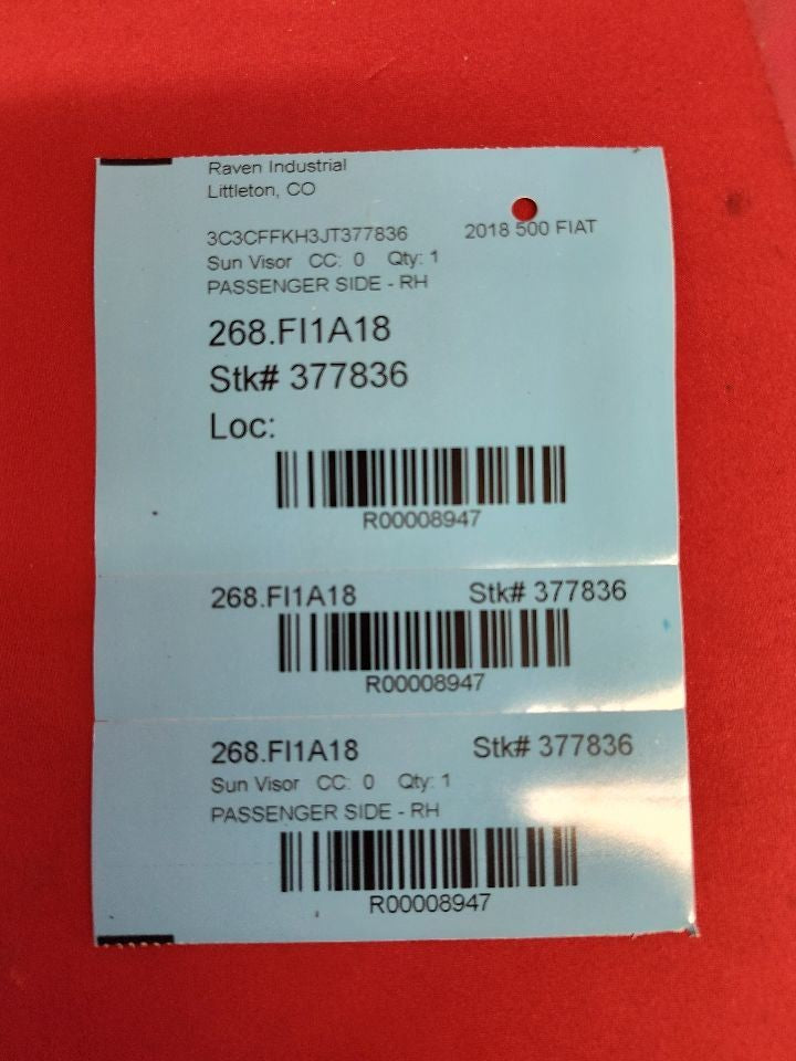 2012-2019 Fiat 500 RIGHT PASSENGER Sun Visor Shade w/ Clip Beige Vinyl