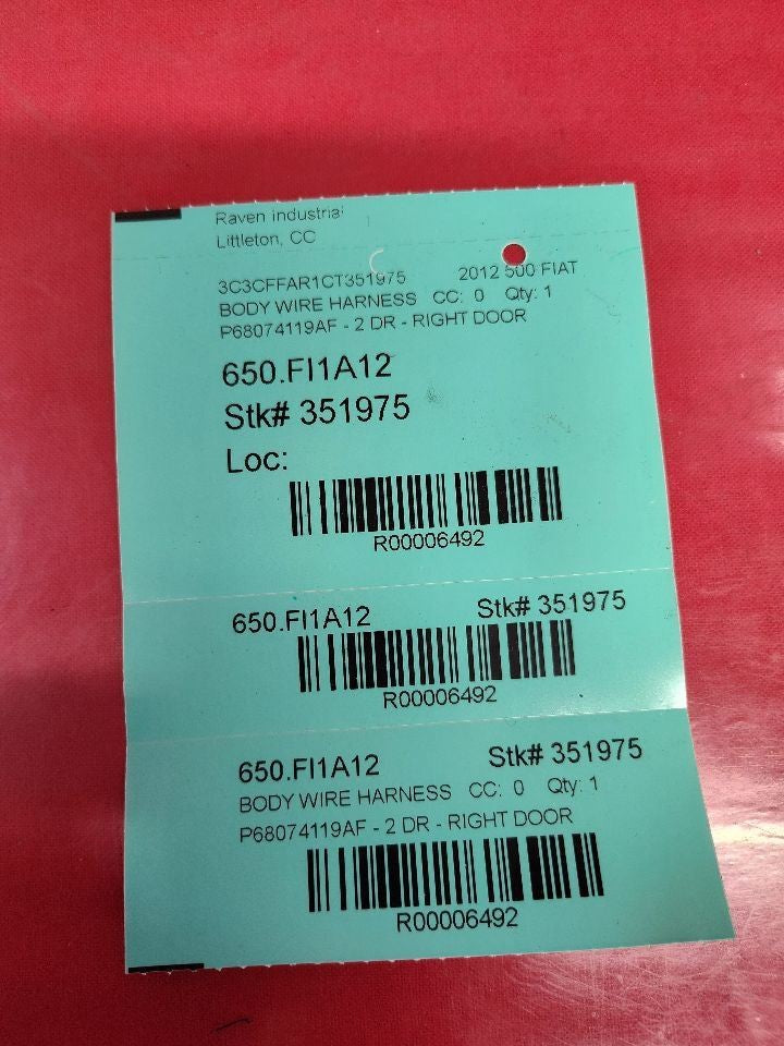 2012 Fiat 500 2-Door Coupe FRONT LEFT DRIVER Door Jumper Wiring Harness