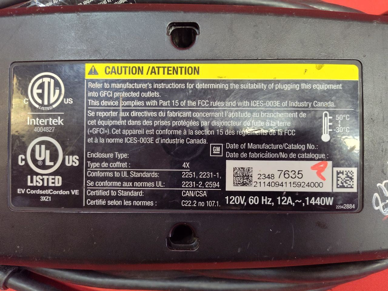 2014-2016 Chevy Volt Spark EV Main Battery Charger Charging Cable 23487635